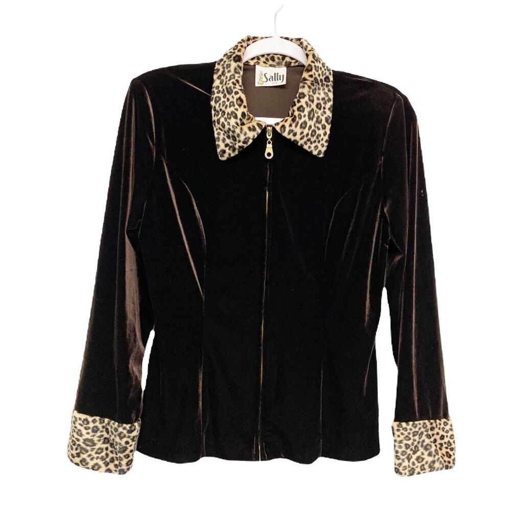 Vintage Sally Womens Brown Velvet Leopard Fur Trim Zip Up Jacket